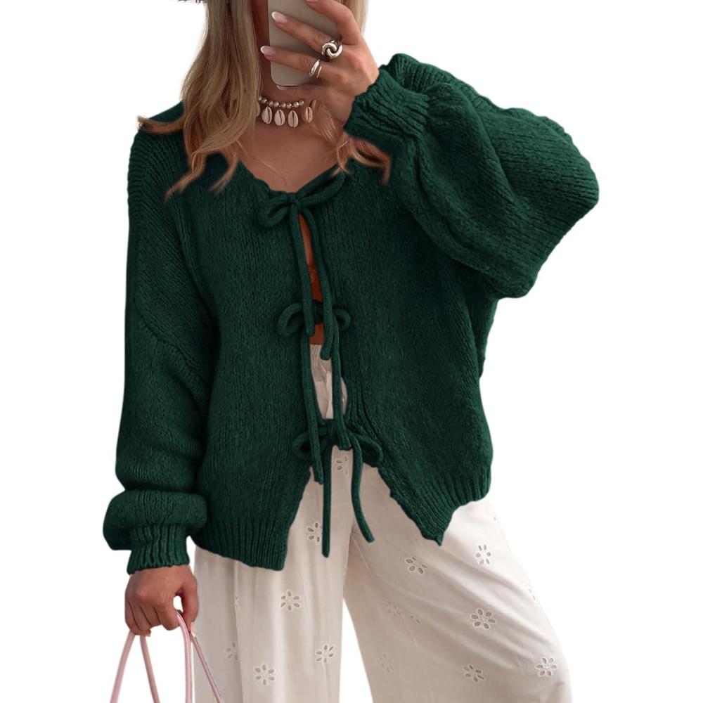 imagePRETTYGARDEN Womens Tie Front Bow Cardigan Sweaters Chunky Knit Long Puff Sleeve Trendy Fall Winter Jacket CoatsDark Green