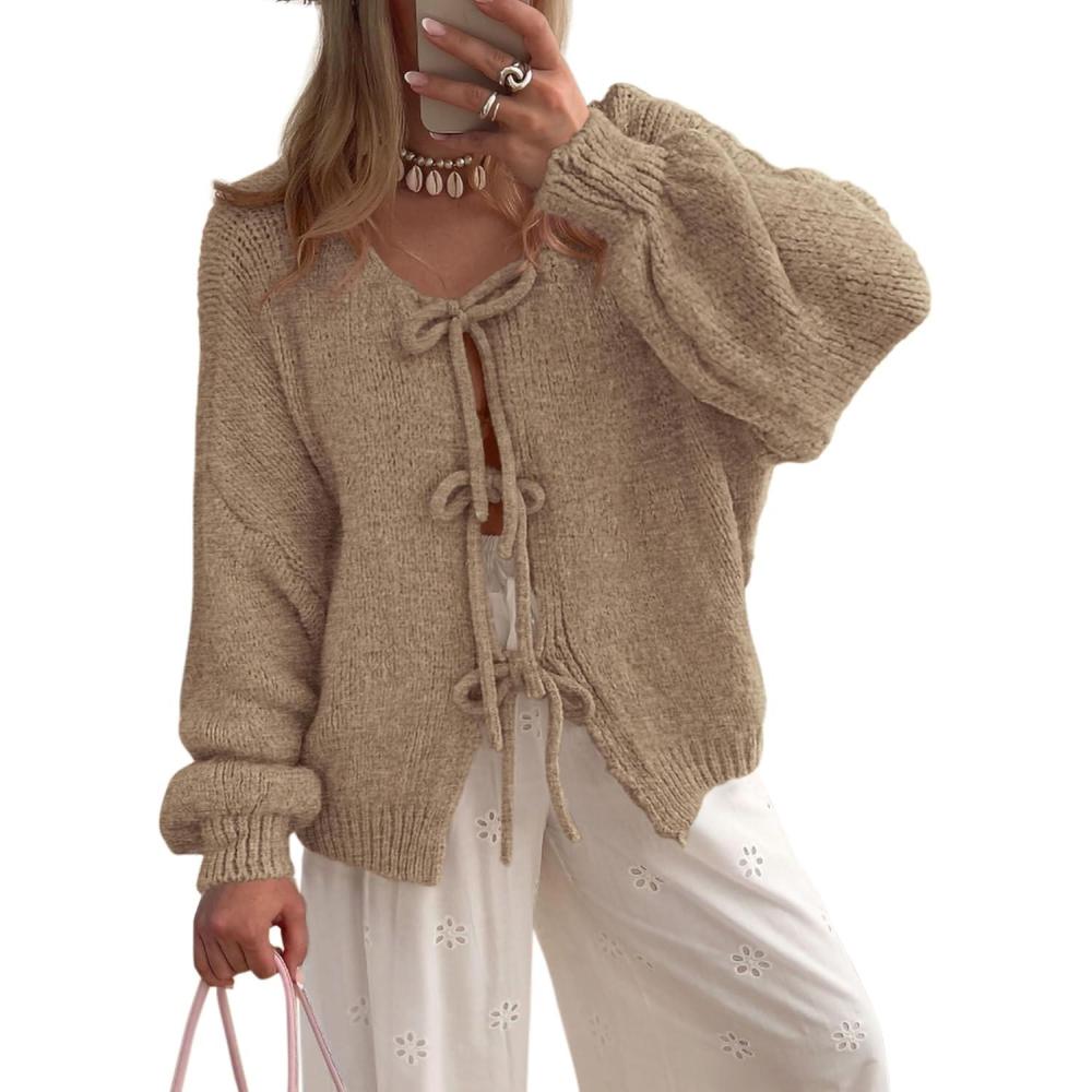 imagePRETTYGARDEN Womens Tie Front Bow Cardigan Sweaters Chunky Knit Long Puff Sleeve Trendy Fall Winter Jacket CoatsLight Khaki