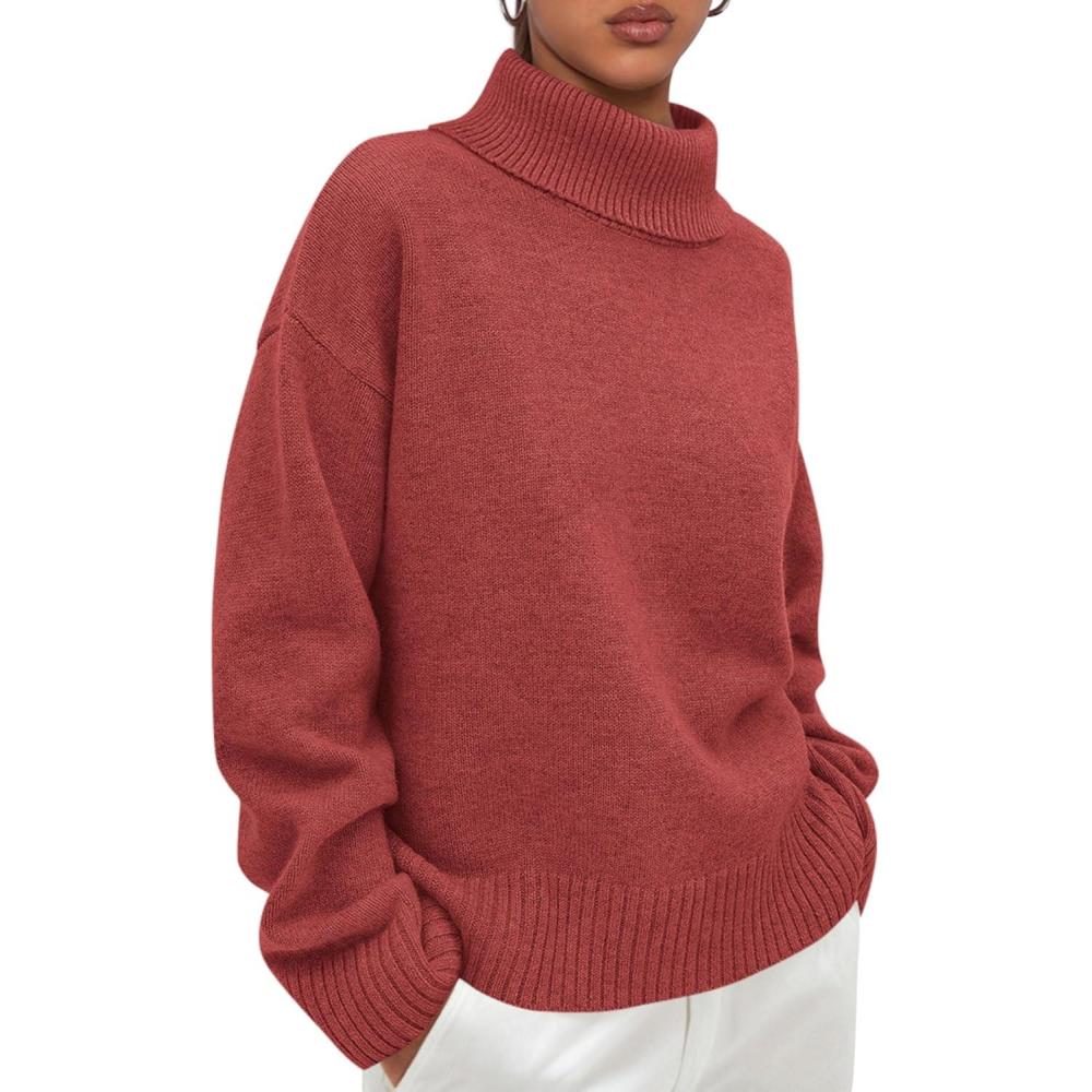 imagePRETTYGARDEN Womens Turtleneck Long Sleeve Sweater 2025 Fall Trendy Loose Fit Casual Tops Chunky Knit Pullover SweatersBurnt Orange