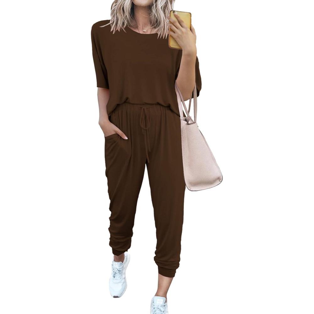 imagePRETTYGARDEN Womens Two Piece Lounge Sets 2026 Spring Summer Jogger Pants Vacation Outfits Travel Airplane Matching ClothesBrown