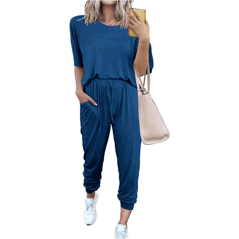 imagePRETTYGARDEN Womens Two Piece Lounge Sets 2026 Spring Summer Jogger Pants Vacation Outfits Travel Airplane Matching ClothesDark Blue