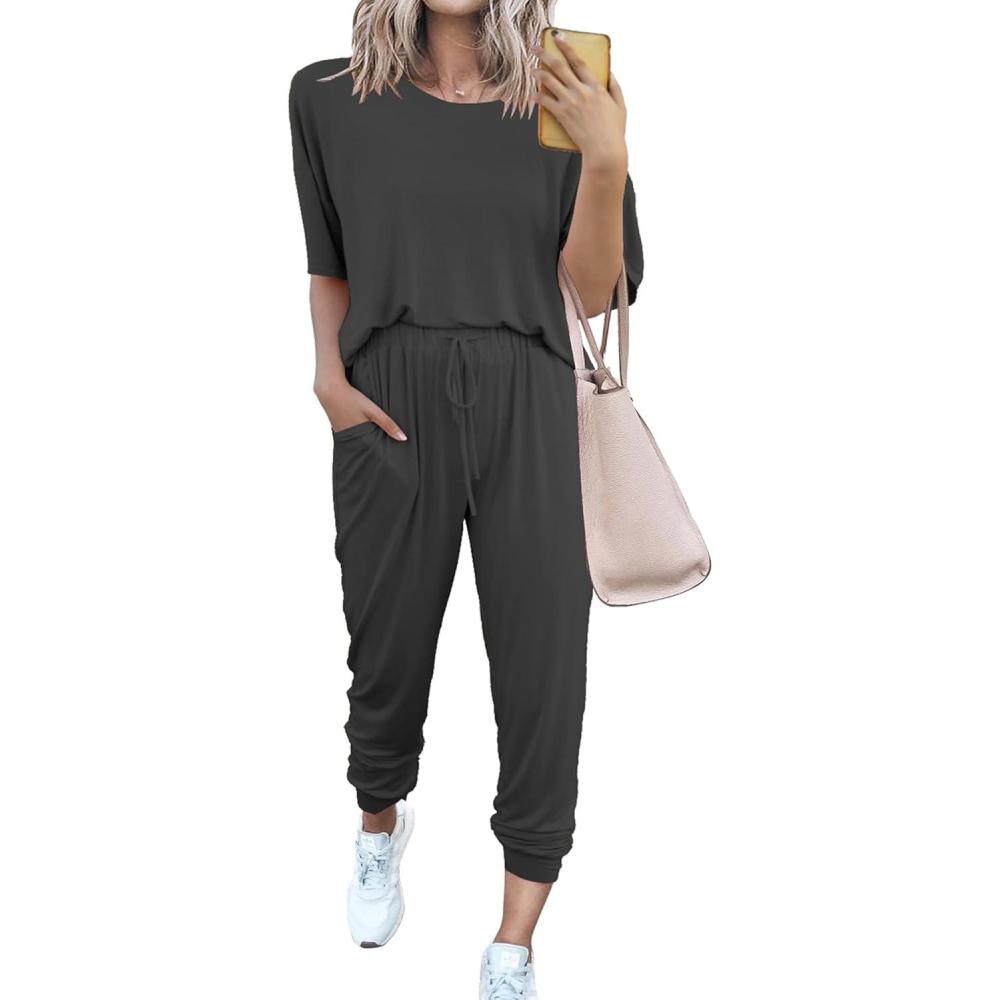 imagePRETTYGARDEN Womens Two Piece Lounge Sets 2026 Spring Summer Jogger Pants Vacation Outfits Travel Airplane Matching ClothesDark Grey