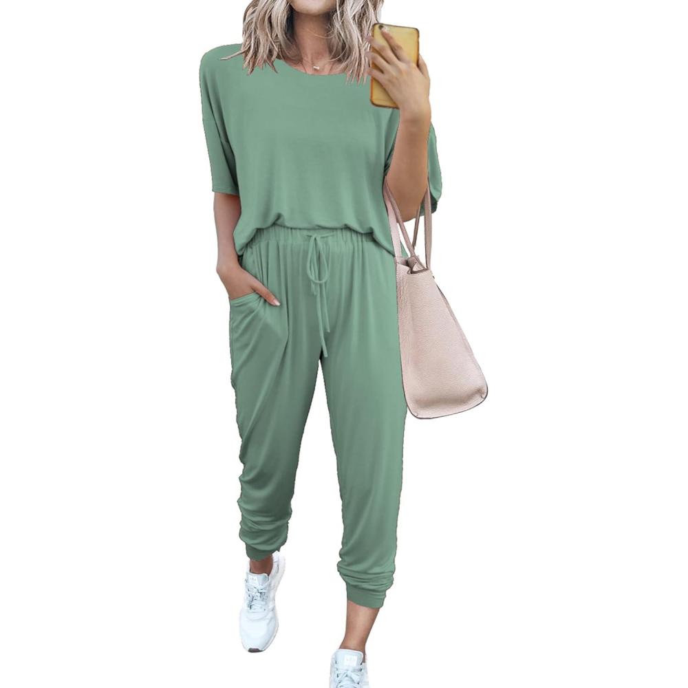 imagePRETTYGARDEN Womens Two Piece Lounge Sets 2026 Spring Summer Jogger Pants Vacation Outfits Travel Airplane Matching ClothesGreen
