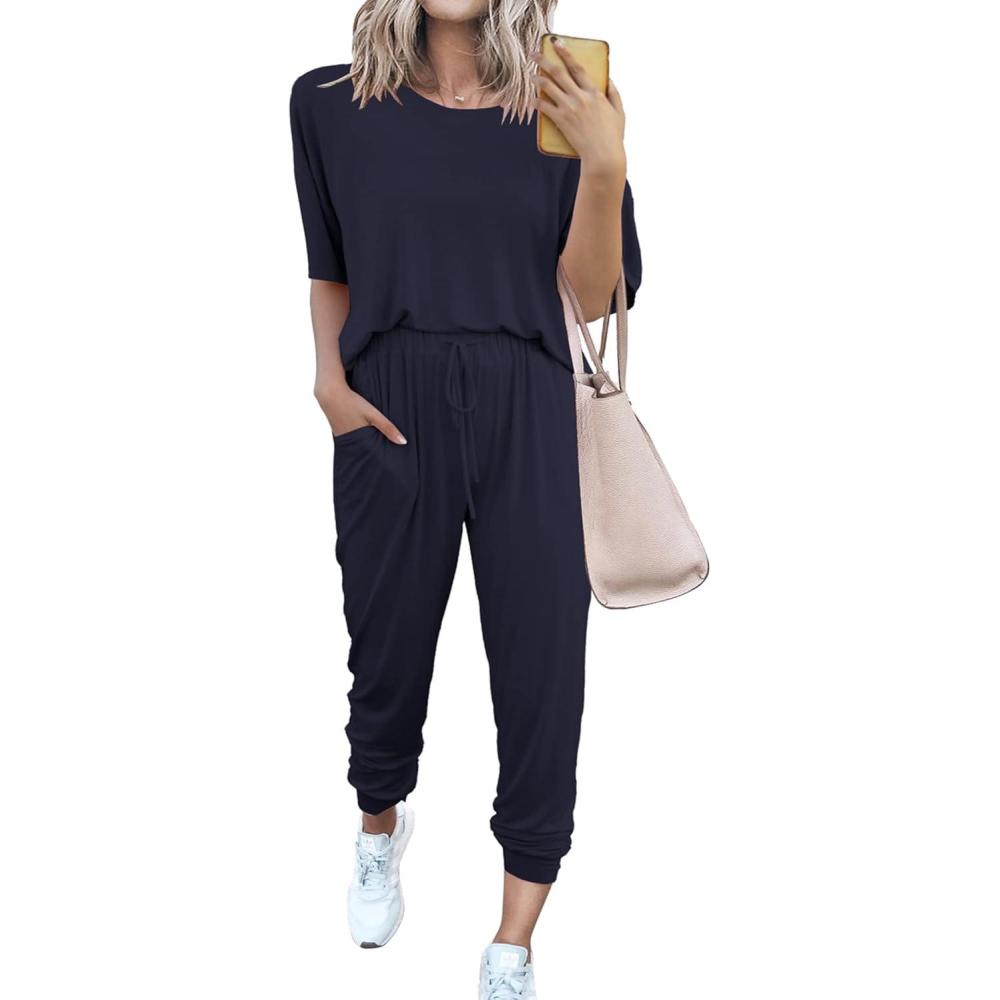 imagePRETTYGARDEN Womens Two Piece Lounge Sets 2026 Spring Summer Jogger Pants Vacation Outfits Travel Airplane Matching ClothesNavy