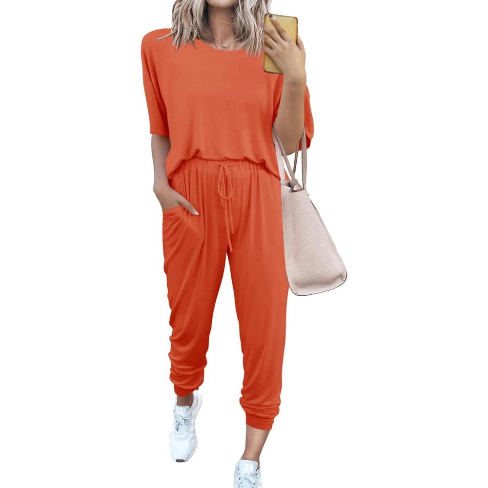 imagePRETTYGARDEN Womens Two Piece Lounge Sets 2026 Spring Summer Jogger Pants Vacation Outfits Travel Airplane Matching ClothesOrange Red