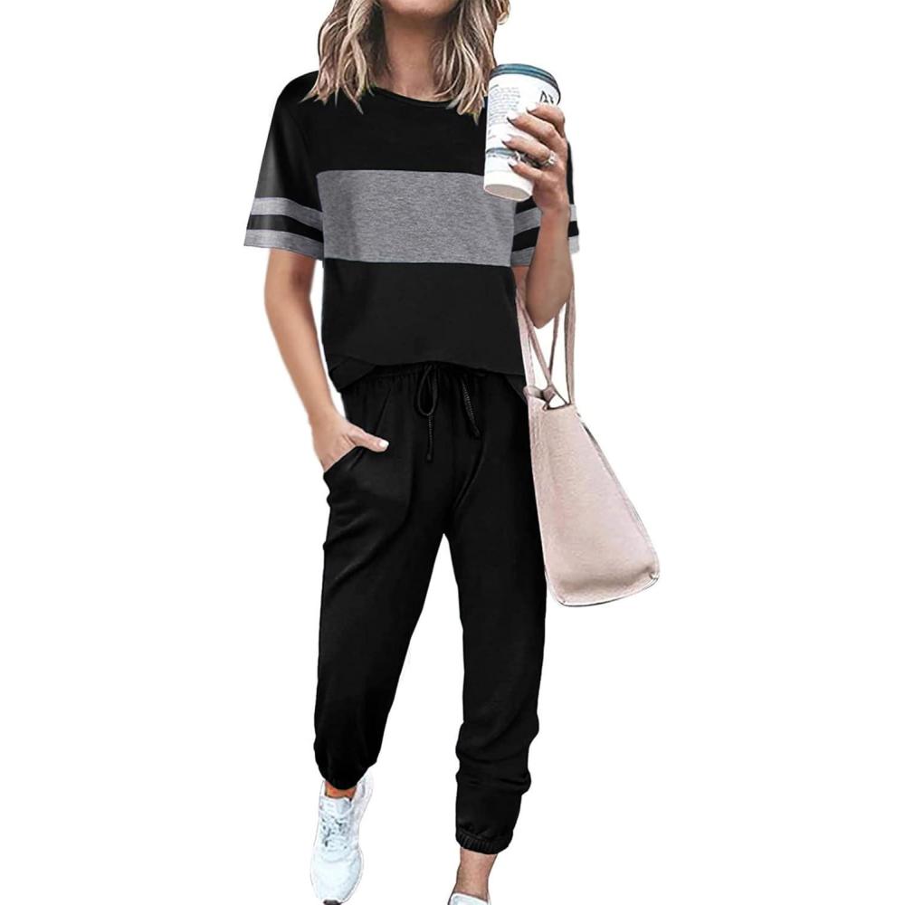 imagePRETTYGARDEN Womens Two Piece Lounge Sets 2026 Spring Summer Jogger Pants Vacation Outfits Travel Airplane Matching ClothesStriped Black