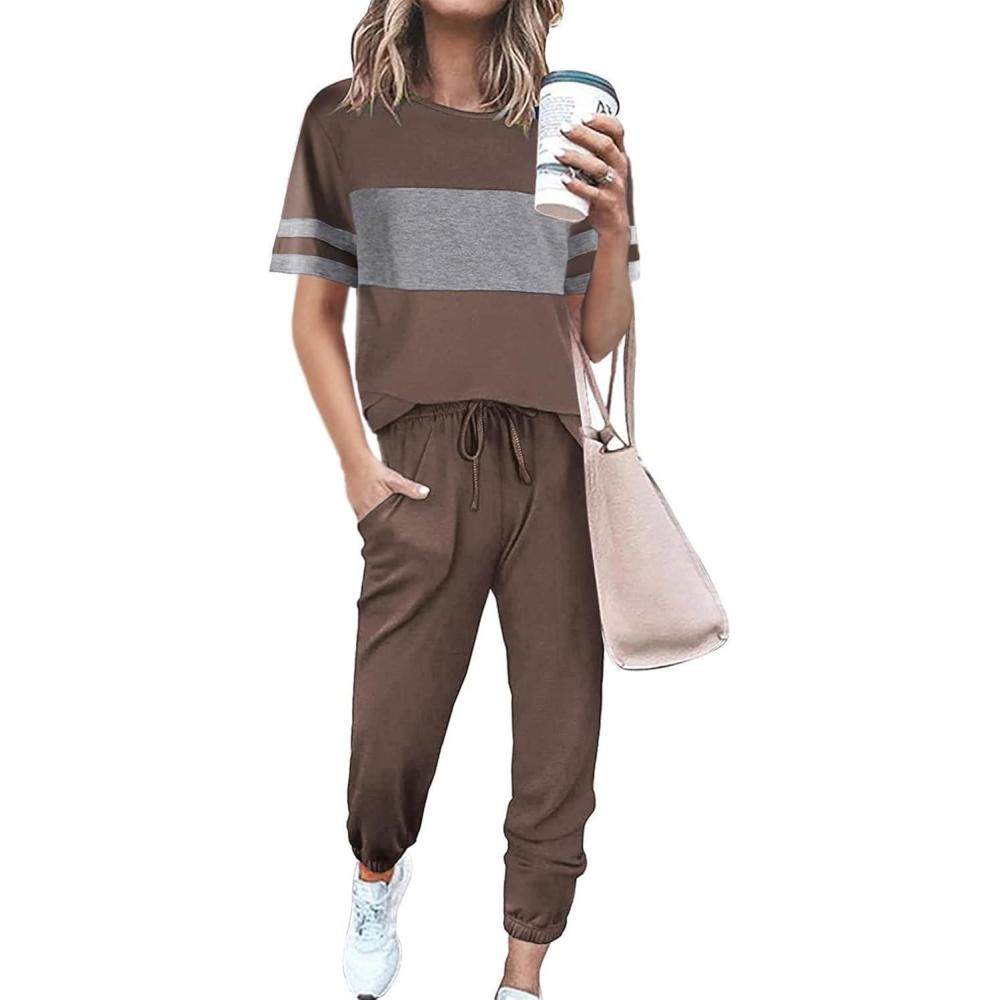imagePRETTYGARDEN Womens Two Piece Lounge Sets 2026 Spring Summer Jogger Pants Vacation Outfits Travel Airplane Matching ClothesStriped Dark Khaki