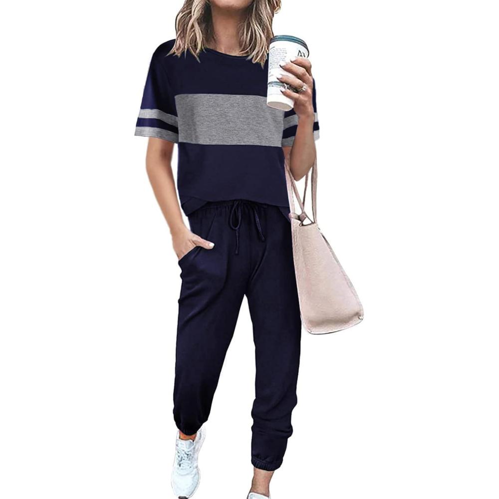 imagePRETTYGARDEN Womens Two Piece Lounge Sets 2026 Spring Summer Jogger Pants Vacation Outfits Travel Airplane Matching ClothesStriped Navy
