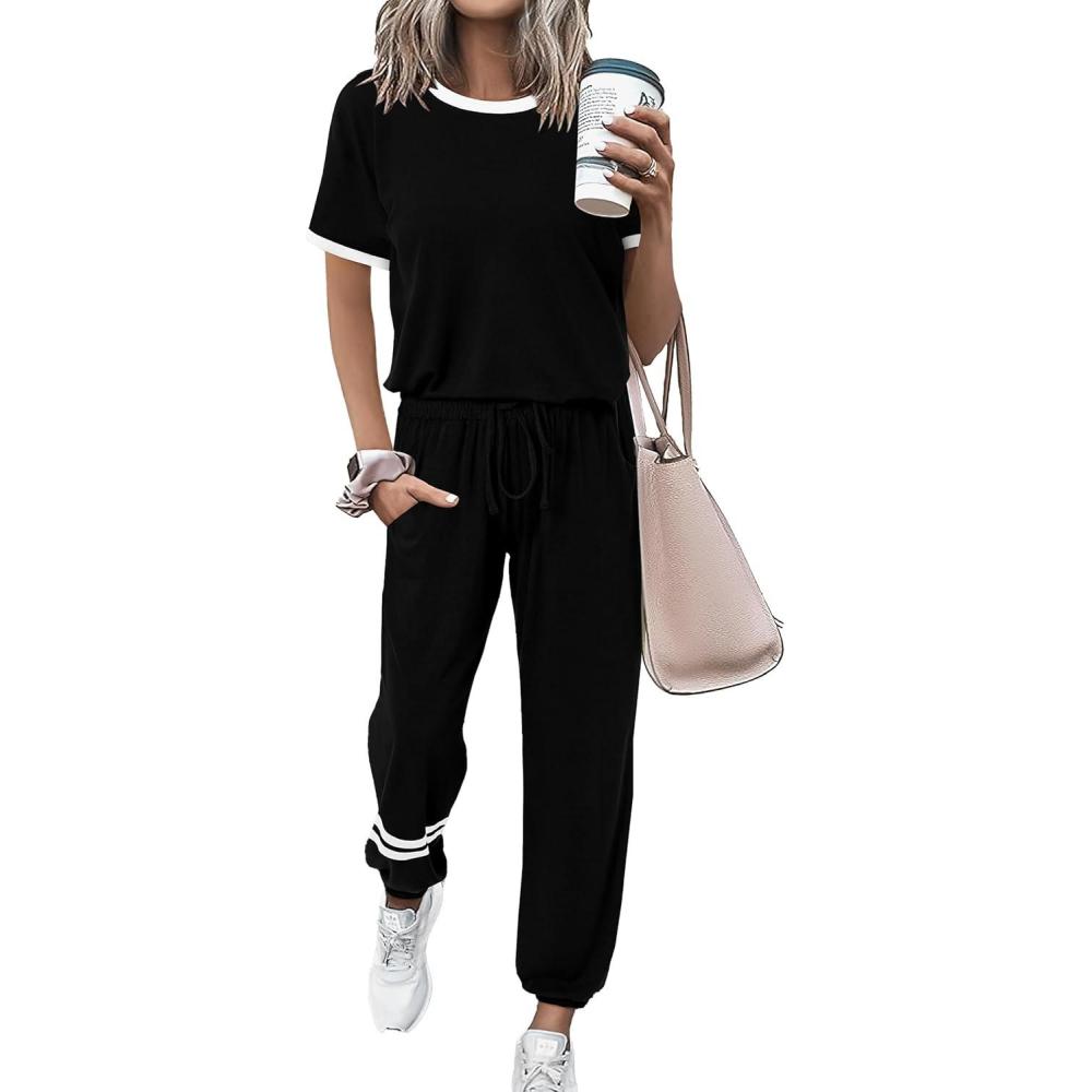 imagePRETTYGARDEN Womens Two Piece Lounge Sets 2026 Spring Summer Jogger Pants Vacation Outfits Travel Airplane Matching ClothesStripes Black