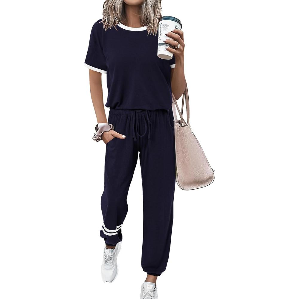 imagePRETTYGARDEN Womens Two Piece Lounge Sets 2026 Spring Summer Jogger Pants Vacation Outfits Travel Airplane Matching ClothesStripes Dark Blue