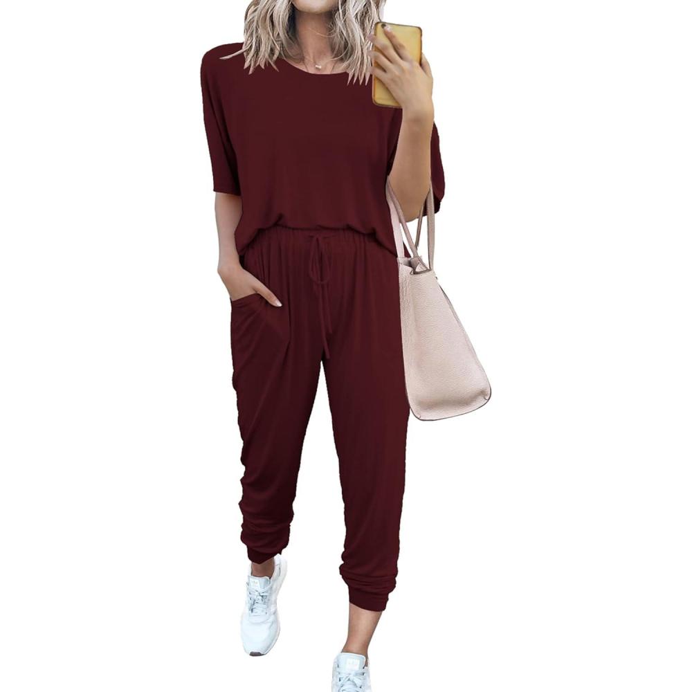 imagePRETTYGARDEN Womens Two Piece Lounge Sets 2026 Spring Summer Jogger Pants Vacation Outfits Travel Airplane Matching ClothesWine Red