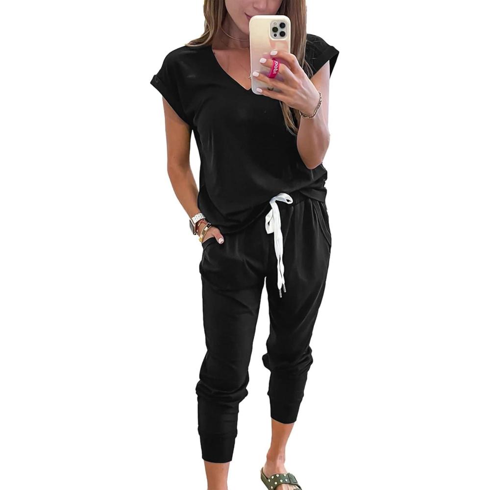 imagePRETTYGARDEN Womens Two Piece Tracksuit Casual Summer V Neck Short Sleeve Tops Drawstring Jogger Pants Lounge Outfit SetsBlack