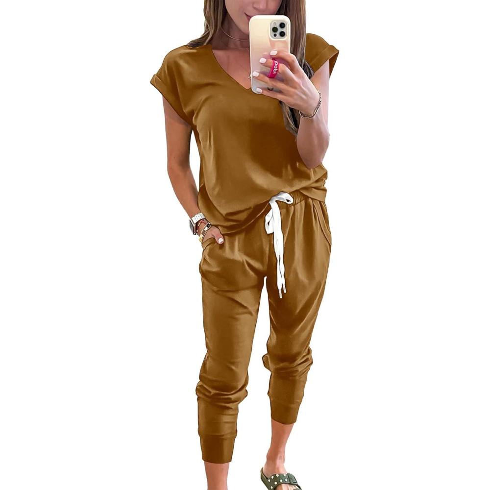 imagePRETTYGARDEN Womens Two Piece Tracksuit Casual Summer V Neck Short Sleeve Tops Drawstring Jogger Pants Lounge Outfit SetsBrown Yellow