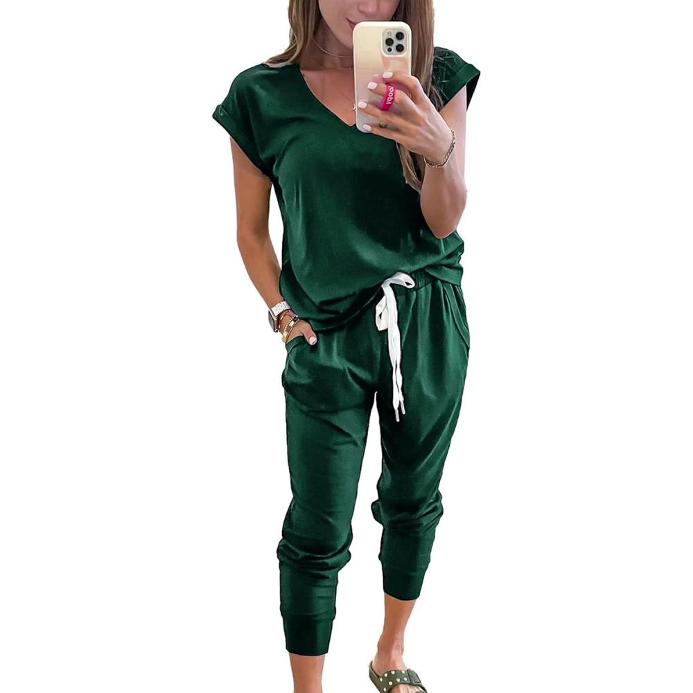 imagePRETTYGARDEN Womens Two Piece Tracksuit Casual Summer V Neck Short Sleeve Tops Drawstring Jogger Pants Lounge Outfit SetsDark Green