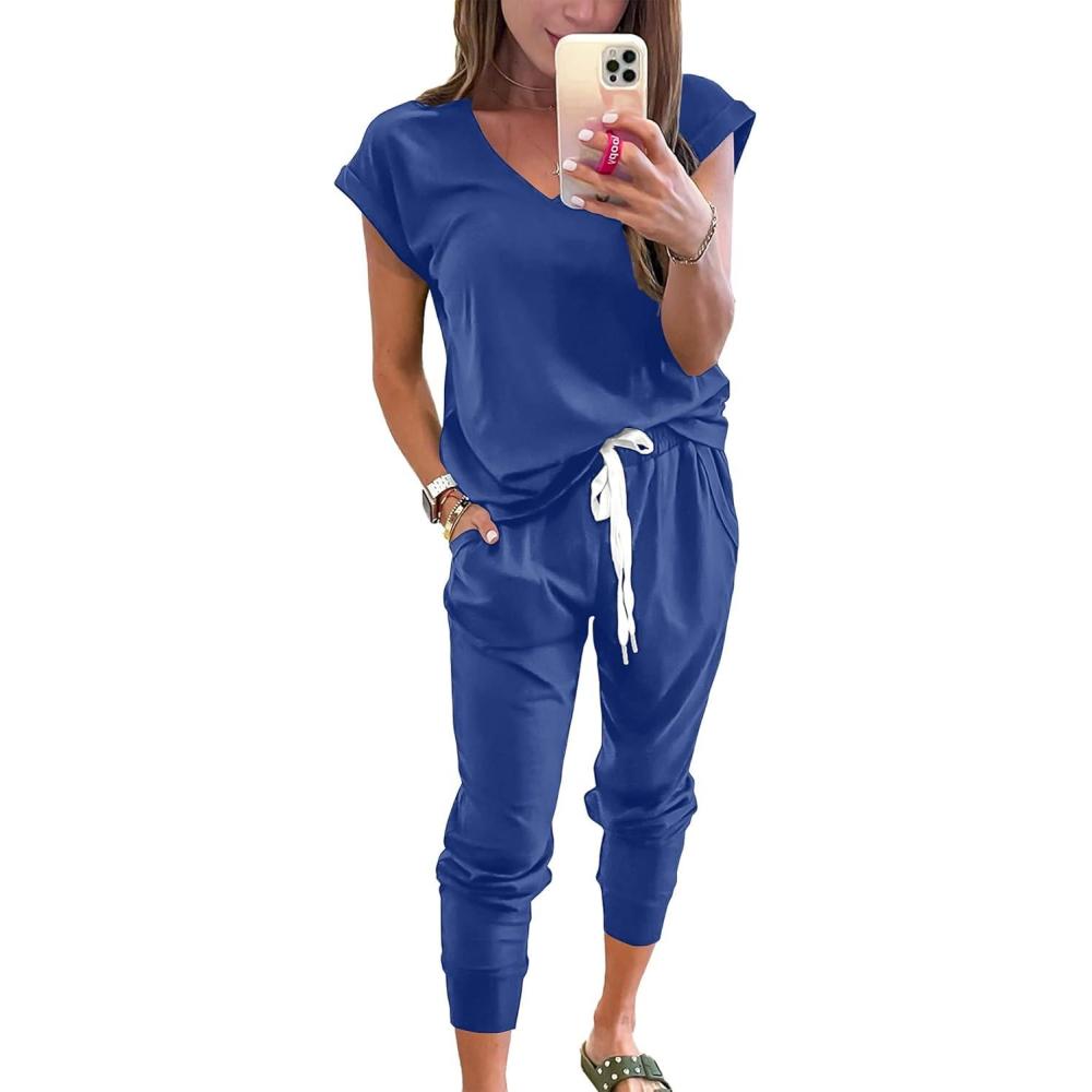 imagePRETTYGARDEN Womens Two Piece Tracksuit Casual Summer V Neck Short Sleeve Tops Drawstring Jogger Pants Lounge Outfit SetsDenim Blue