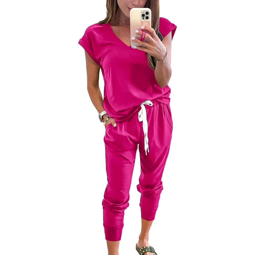 imagePRETTYGARDEN Womens Two Piece Tracksuit Casual Summer V Neck Short Sleeve Tops Drawstring Jogger Pants Lounge Outfit SetsRose Red