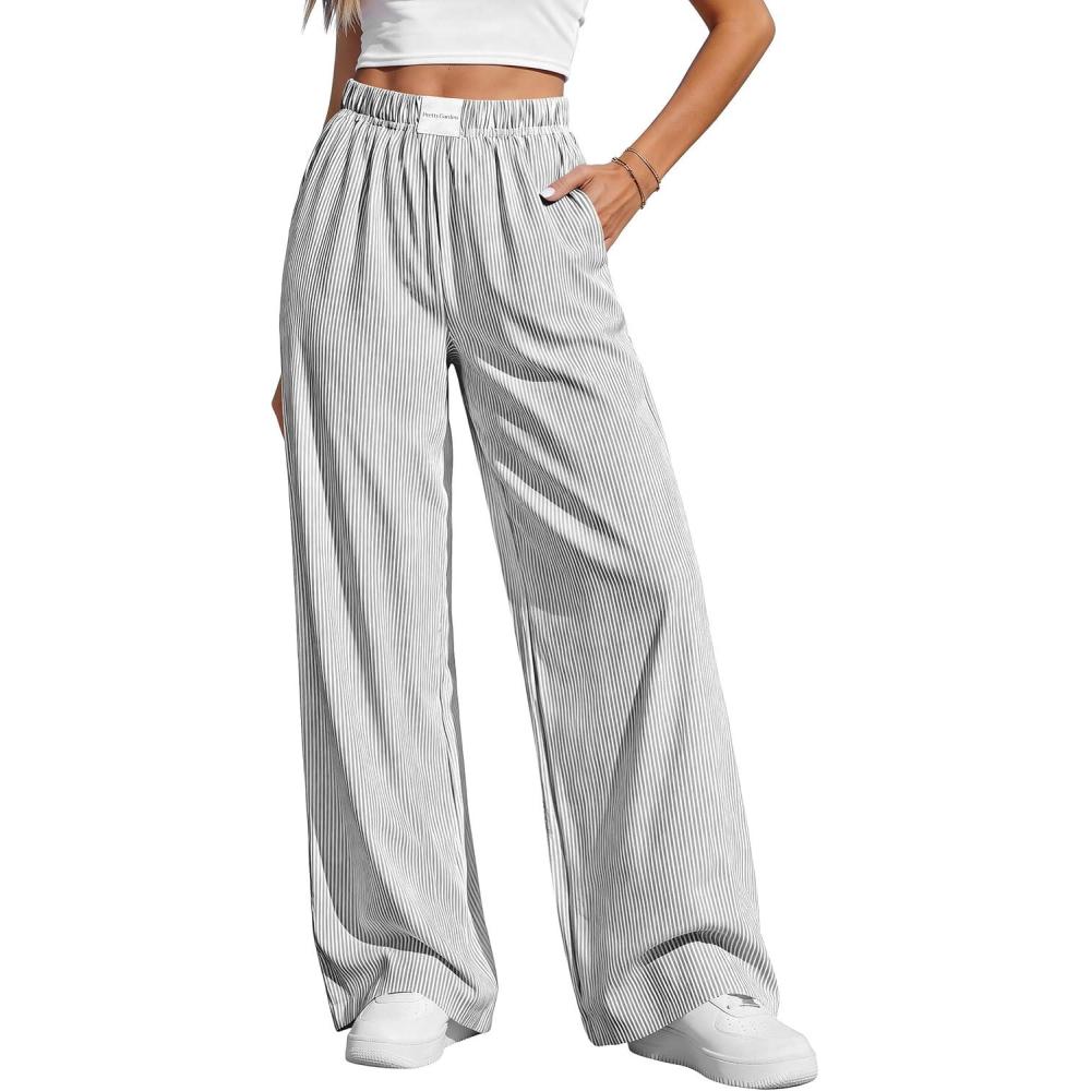imagePRETTYGARDEN Womens Wide Leg Striped Pants 2026 Fall Casual High Waisted Baggy Palazzo Lounge Trousers Spring Fashion BottomsBlack