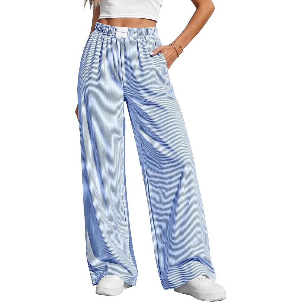 imagePRETTYGARDEN Womens Wide Leg Striped Pants 2026 Fall Casual High Waisted Baggy Palazzo Lounge Trousers Spring Fashion BottomsBlue