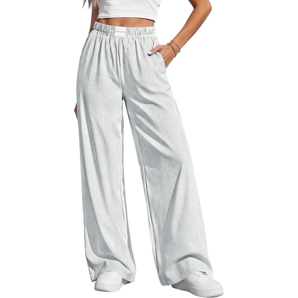 imagePRETTYGARDEN Womens Wide Leg Striped Pants 2026 Fall Casual High Waisted Baggy Palazzo Lounge Trousers Spring Fashion BottomsGrey Blue