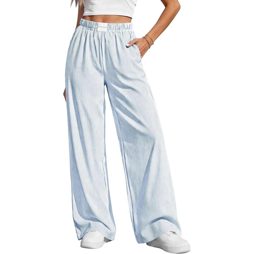 imagePRETTYGARDEN Womens Wide Leg Striped Pants 2026 Fall Casual High Waisted Baggy Palazzo Lounge Trousers Spring Fashion BottomsLight Blue