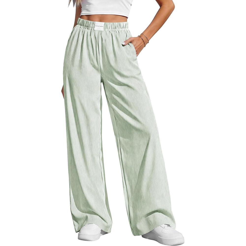 imagePRETTYGARDEN Womens Wide Leg Striped Pants 2026 Fall Casual High Waisted Baggy Palazzo Lounge Trousers Spring Fashion BottomsLight Green