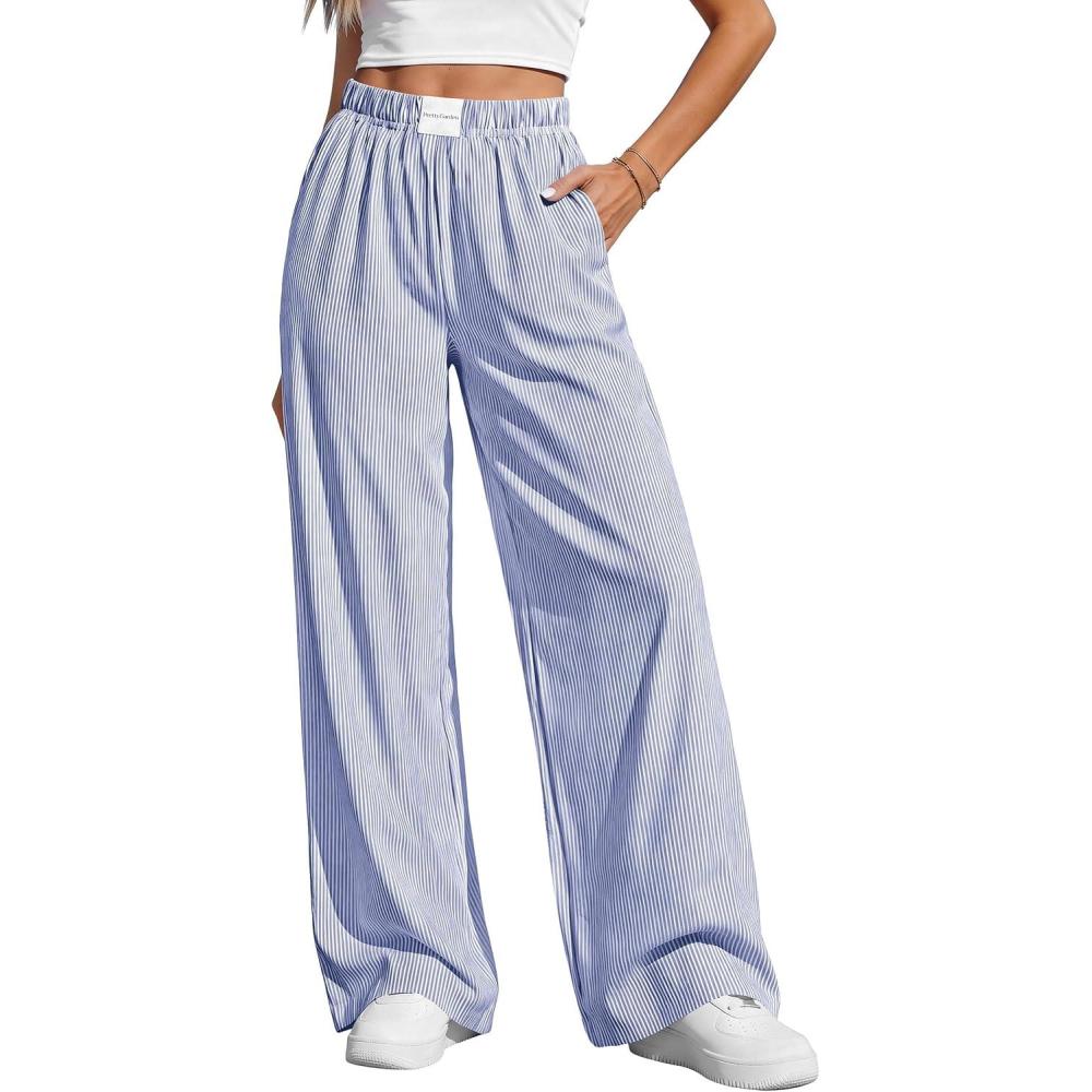 imagePRETTYGARDEN Womens Wide Leg Striped Pants 2026 Fall Casual High Waisted Baggy Palazzo Lounge Trousers Spring Fashion BottomsNavy Blue