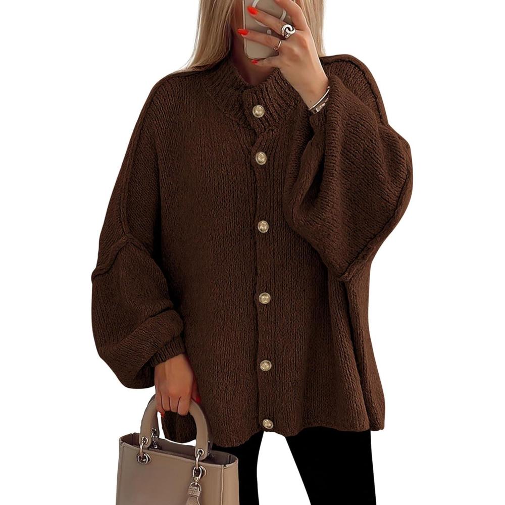 imagePRETTYGARDEN Womens Winter Button Down Cardigan Sweaters Mock Neck Lantern Long Sleeve Chunky Knit Jacket Trendy OuterwearBrown