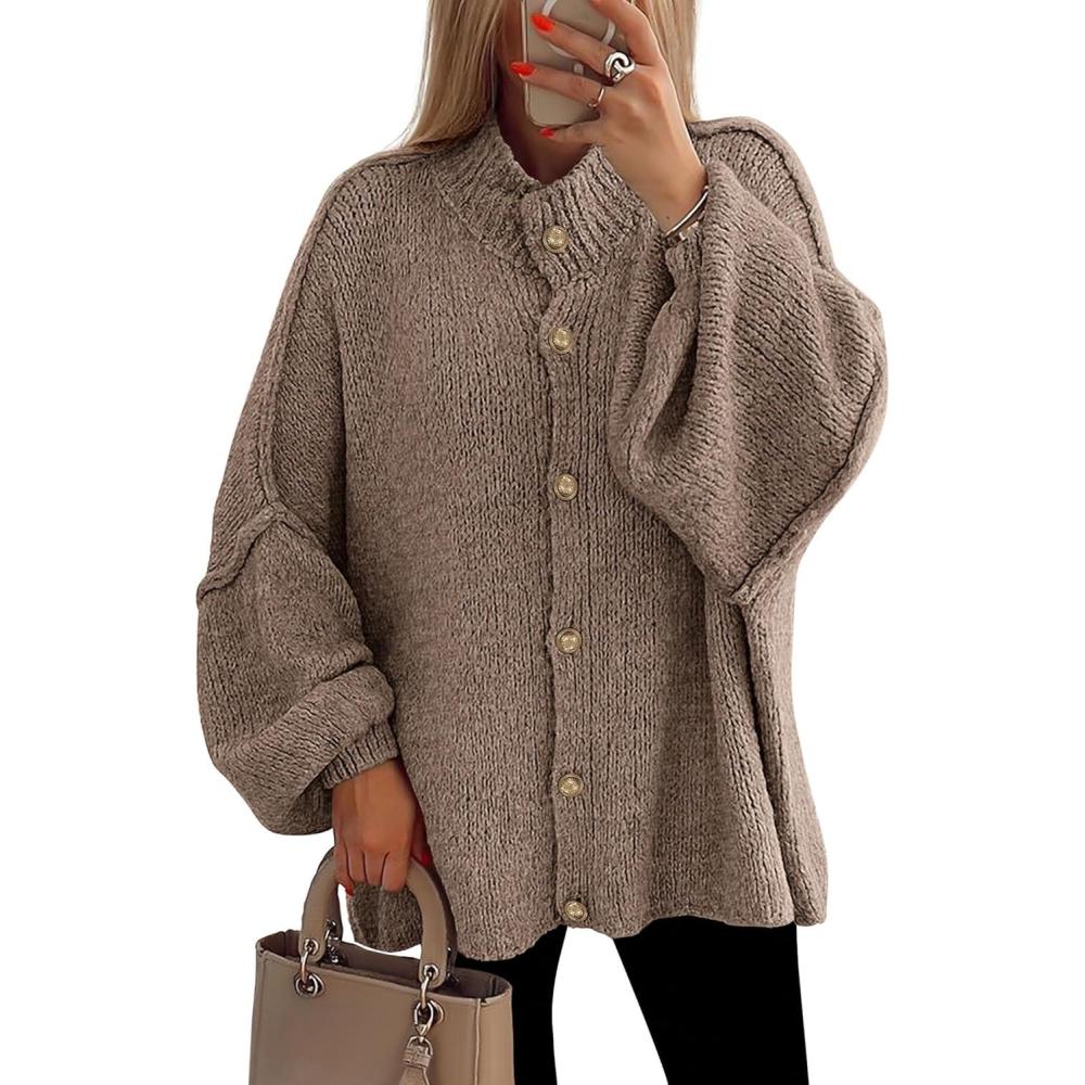 imagePRETTYGARDEN Womens Winter Button Down Cardigan Sweaters Mock Neck Lantern Long Sleeve Chunky Knit Jacket Trendy OuterwearCamel