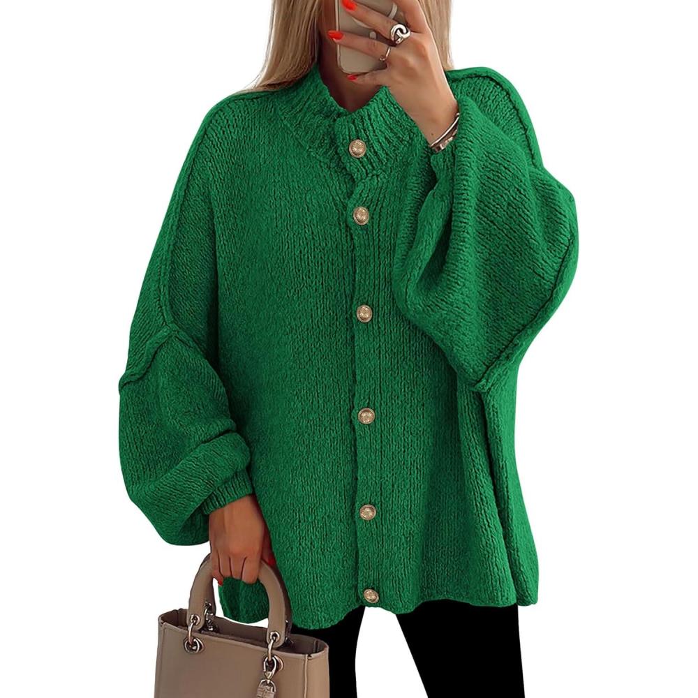 imagePRETTYGARDEN Womens Winter Button Down Cardigan Sweaters Mock Neck Lantern Long Sleeve Chunky Knit Jacket Trendy OuterwearGreen
