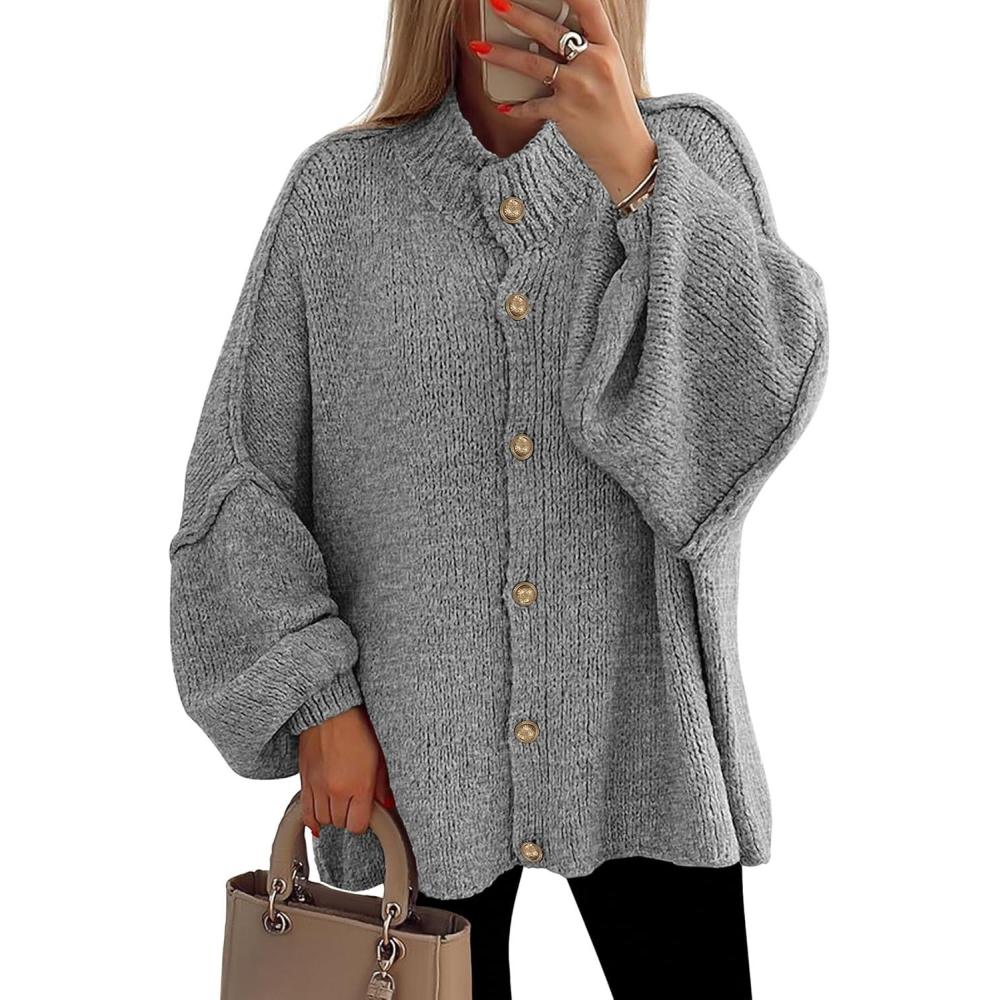 imagePRETTYGARDEN Womens Winter Button Down Cardigan Sweaters Mock Neck Lantern Long Sleeve Chunky Knit Jacket Trendy OuterwearGrey