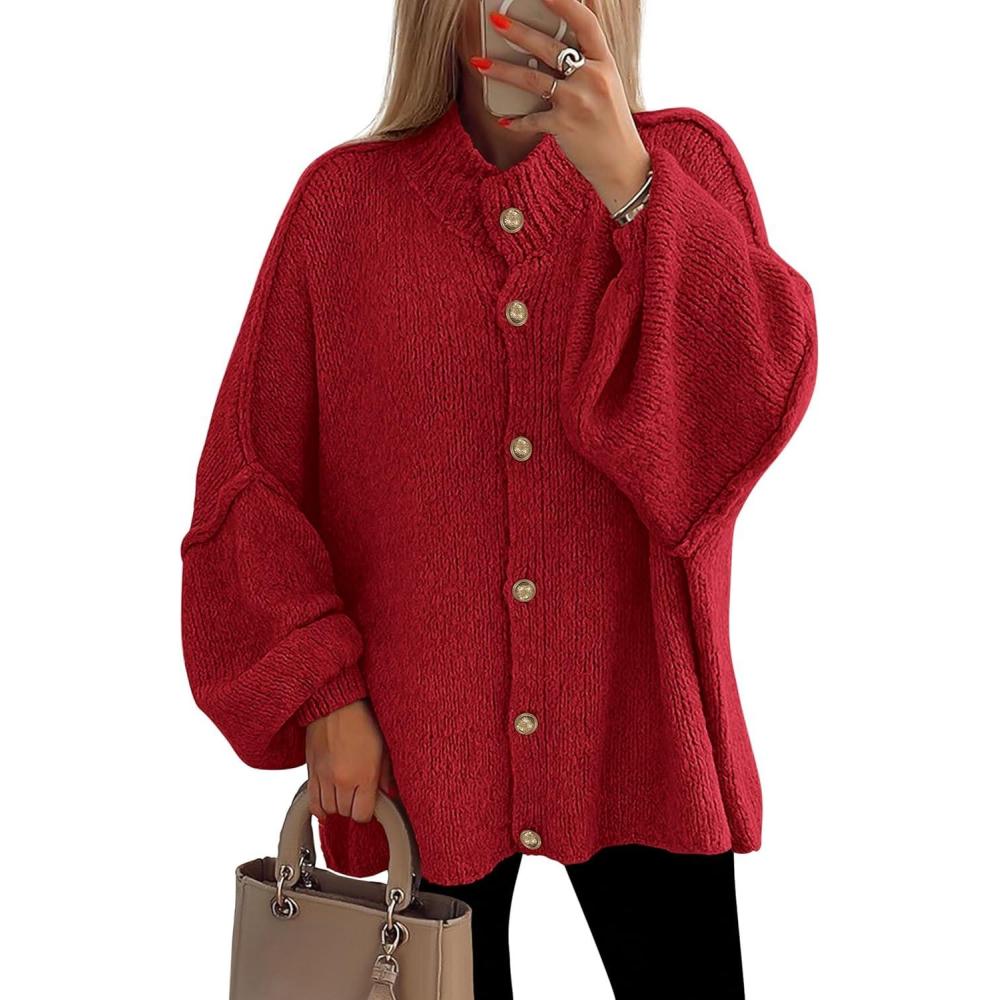 imagePRETTYGARDEN Womens Winter Button Down Cardigan Sweaters Mock Neck Lantern Long Sleeve Chunky Knit Jacket Trendy OuterwearJujube Red