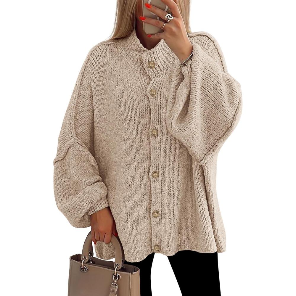 imagePRETTYGARDEN Womens Winter Button Down Cardigan Sweaters Mock Neck Lantern Long Sleeve Chunky Knit Jacket Trendy OuterwearLight Khaki