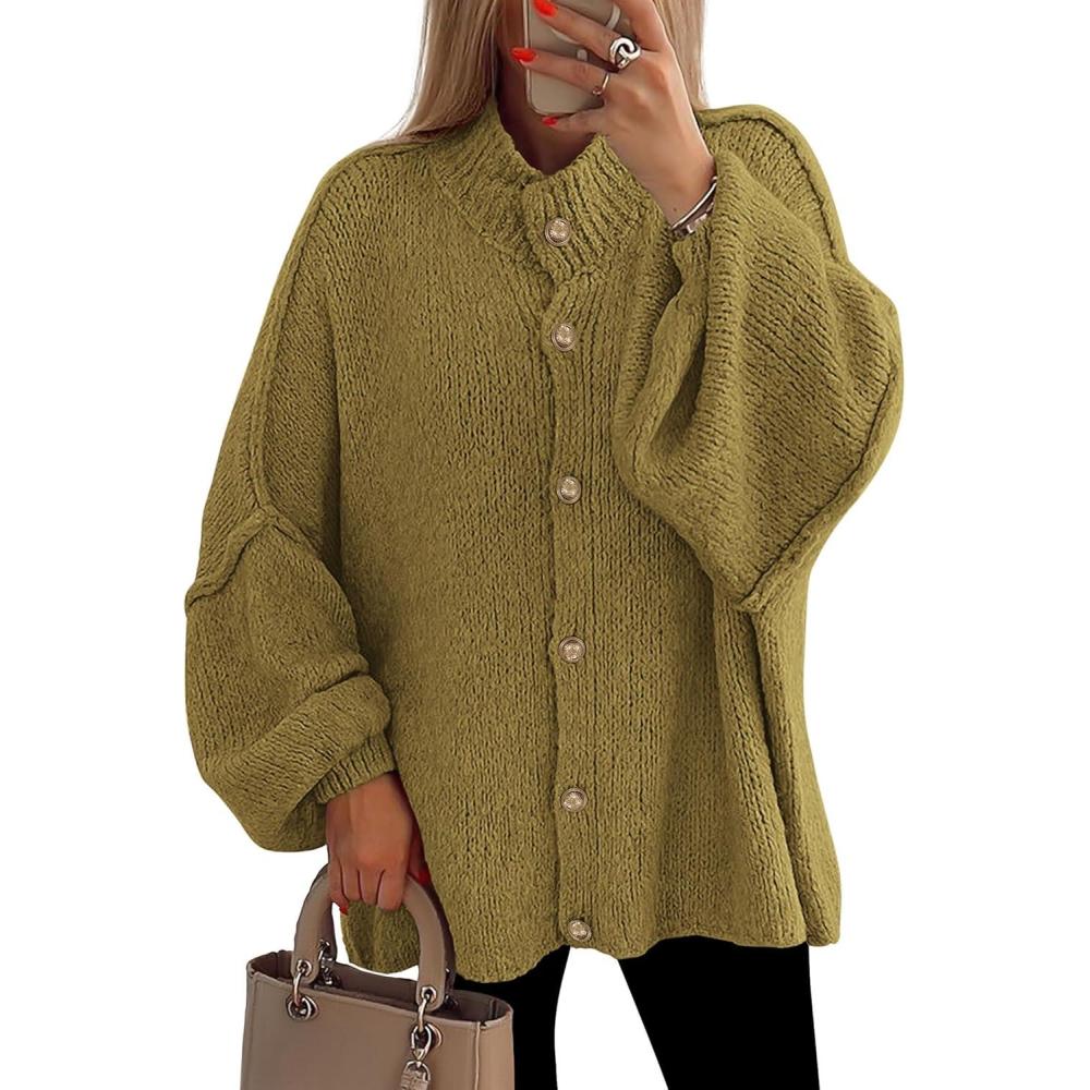 imagePRETTYGARDEN Womens Winter Button Down Cardigan Sweaters Mock Neck Lantern Long Sleeve Chunky Knit Jacket Trendy OuterwearOlive Green