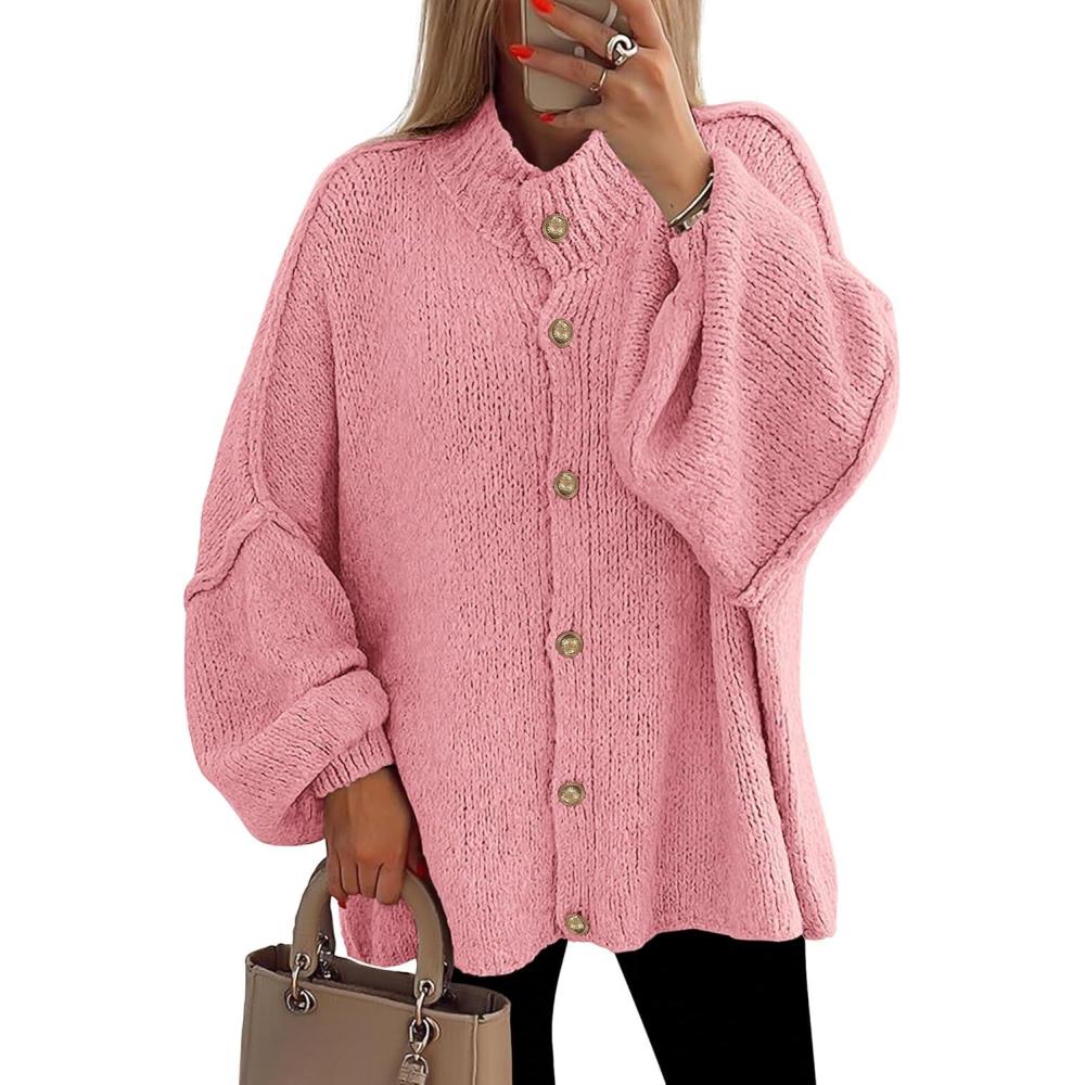 imagePRETTYGARDEN Womens Winter Button Down Cardigan Sweaters Mock Neck Lantern Long Sleeve Chunky Knit Jacket Trendy OuterwearPink