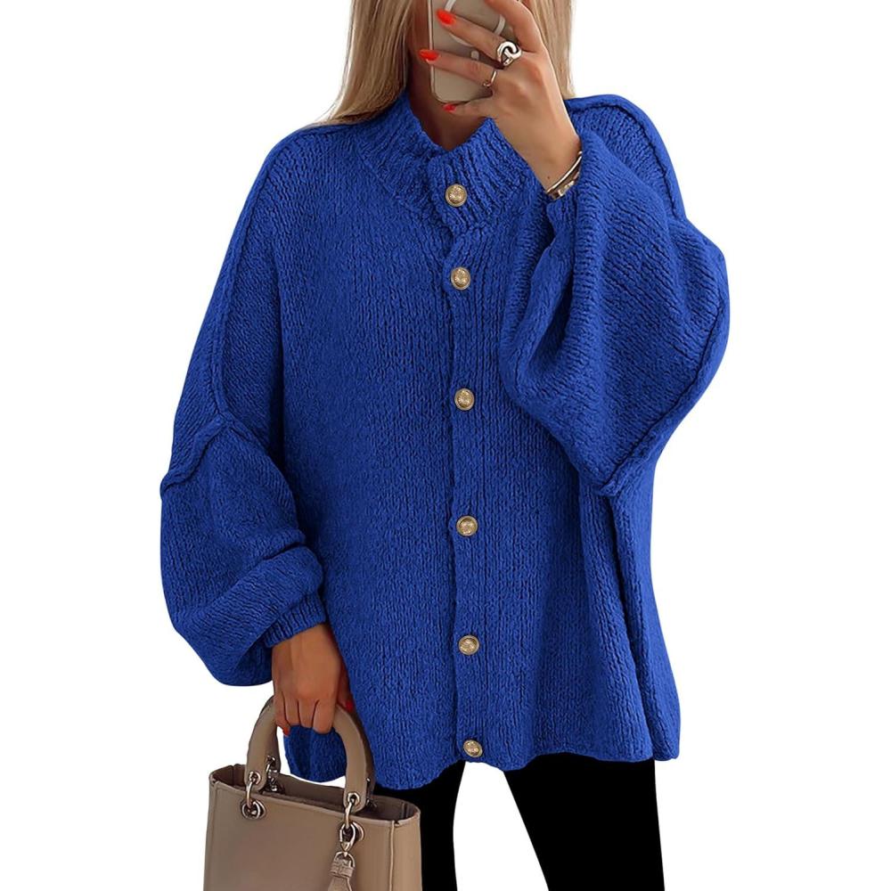imagePRETTYGARDEN Womens Winter Button Down Cardigan Sweaters Mock Neck Lantern Long Sleeve Chunky Knit Jacket Trendy OuterwearRoyal Blue