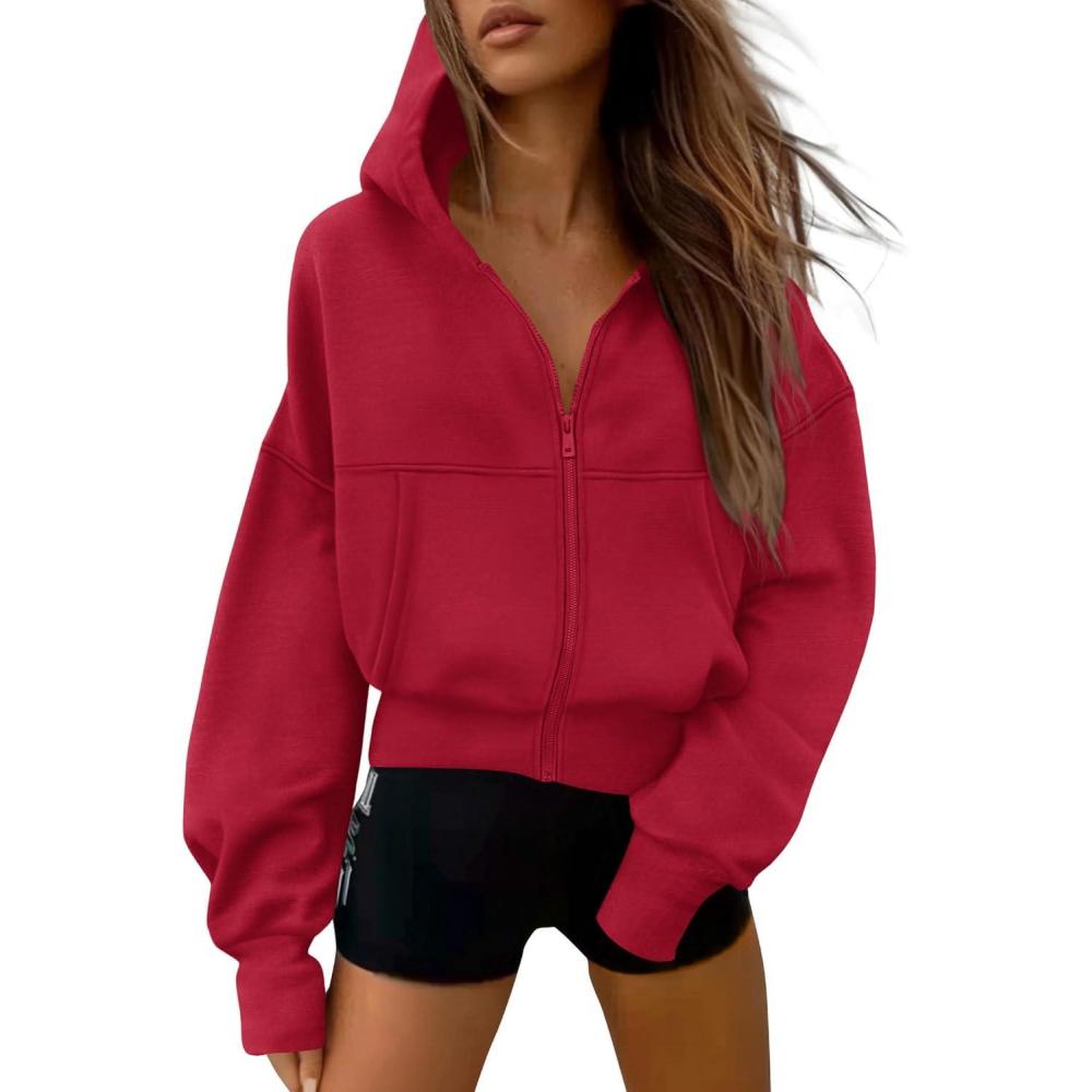 imagePRETTYGARDEN Womens Zip Up Y2K Hoodies 2026 Fall Fashion Long Sleeve Hooded Fleece Sweatshirts Casual Jacket Winter ClothesRed