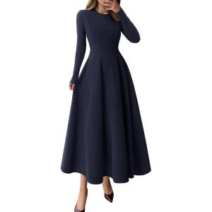 PRETTYGARDEN Cocktail Dresses for Women 2026 Elegant Classy Fall Long Sleeve Midi A Line Flowy Modest Winter Party Dress(Dark Blue)