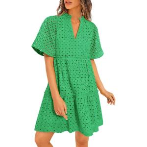 PRETTYGARDEN Eyelet Dresses for Women 2026 Summer Short Sleeve V Neck Hollow Out Ruffle A Line Boho Beach Vacation Mini Dress(Green)
