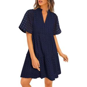 PRETTYGARDEN Eyelet Dresses for Women 2026 Summer Short Sleeve V Neck Hollow Out Ruffle A Line Boho Beach Vacation Mini Dress(Navy)