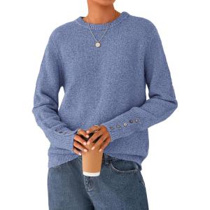PRETTYGARDEN Fall Sweaters for Women 2026 Cozy Casual Crewneck Pullover Button Long Sleeve Knit Tops Winter Fashion Clothing(Blue)