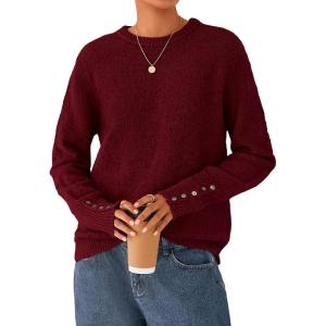 PRETTYGARDEN Fall Sweaters for Women 2026 Cozy Casual Crewneck Pullover Button Long Sleeve Knit Tops Winter Fashion Clothing(Burgundy)