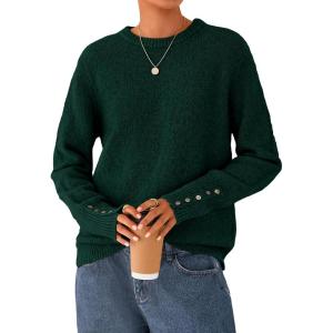 PRETTYGARDEN Fall Sweaters for Women 2026 Cozy Casual Crewneck Pullover Button Long Sleeve Knit Tops Winter Fashion Clothing(Dark Green)