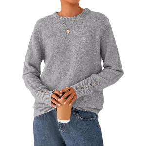 PRETTYGARDEN Fall Sweaters for Women 2026 Cozy Casual Crewneck Pullover Button Long Sleeve Knit Tops Winter Fashion Clothing(Grey)