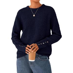 PRETTYGARDEN Fall Sweaters for Women 2026 Cozy Casual Crewneck Pullover Button Long Sleeve Knit Tops Winter Fashion Clothing(Navy Blue)