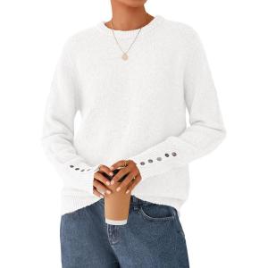 PRETTYGARDEN Fall Sweaters for Women 2026 Cozy Casual Crewneck Pullover Button Long Sleeve Knit Tops Winter Fashion Clothing(White)