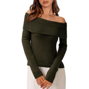 PRETTYGARDEN Off The Shoulder Sweater for Women 2026 Fall Fashion Cute Long Sleeve Tops Winter Ribbed Pullover Knit Outfits(Army Green)