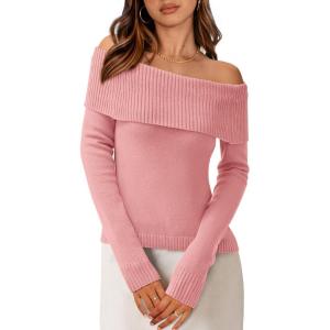 PRETTYGARDEN Off The Shoulder Sweater for Women 2026 Fall Fashion Cute Long Sleeve Tops Winter Ribbed Pullover Knit Outfits(Bean Paste Pink)