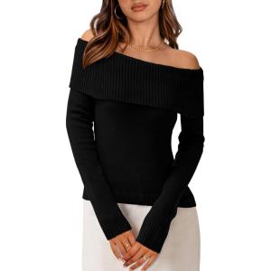 PRETTYGARDEN Off The Shoulder Sweater for Women 2026 Fall Fashion Cute Long Sleeve Tops Winter Ribbed Pullover Knit Outfits(Black)