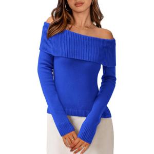 PRETTYGARDEN Off The Shoulder Sweater for Women 2026 Fall Fashion Cute Long Sleeve Tops Winter Ribbed Pullover Knit Outfits(Blue)