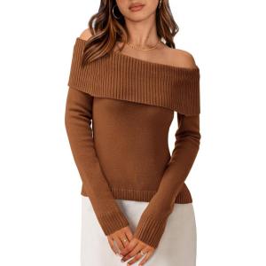 PRETTYGARDEN Off The Shoulder Sweater for Women 2026 Fall Fashion Cute Long Sleeve Tops Winter Ribbed Pullover Knit Outfits(Coffee)